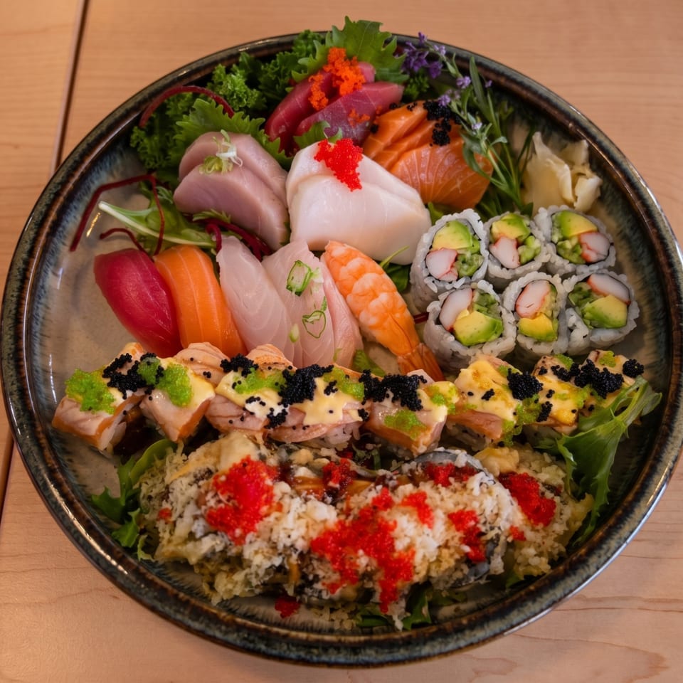 A large platter of diverse sushi and sashimi, including rolls, nigiri, and raw fish.